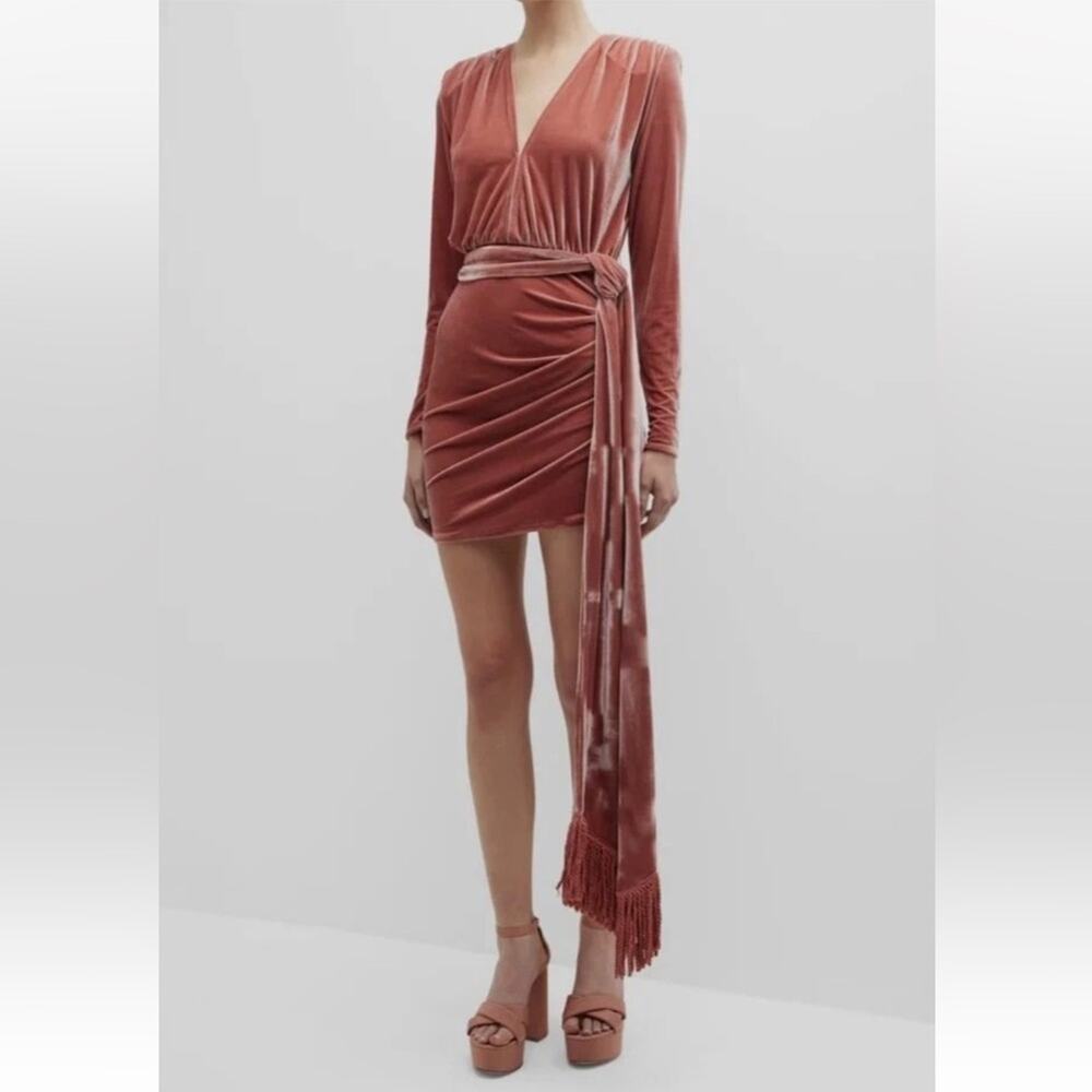 Bronx & Banco Women’s Rihanna Pink Velvet Long Sleeve Mini Dress Fringe Scarf XS